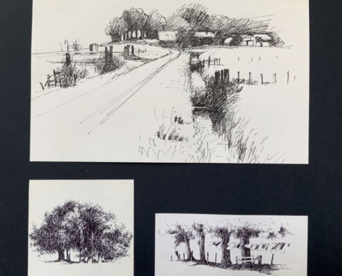 Voorschetsen 2 pen op papier, 35x35 cm, € 100,-