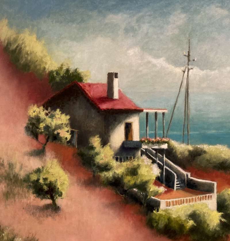 Schilderij van Jeroen Coenders van een mediterraan huis met een rood dak op een heuvel aan de kust, met uitzicht op een blauwe zee onder een bewolkte hemel.