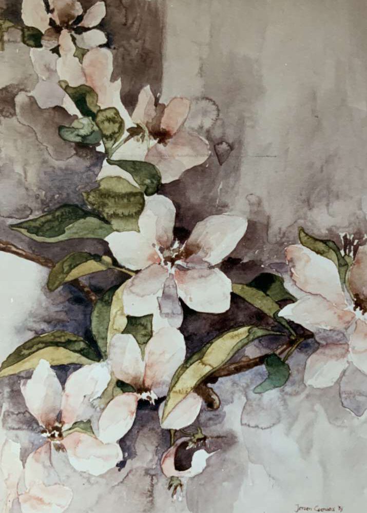 Sfeervolle aquarel van Jeroen Coenders van appelbloesem met delicate witte bloemen en groene bladeren tegen een zachtgrijze achtergrond.