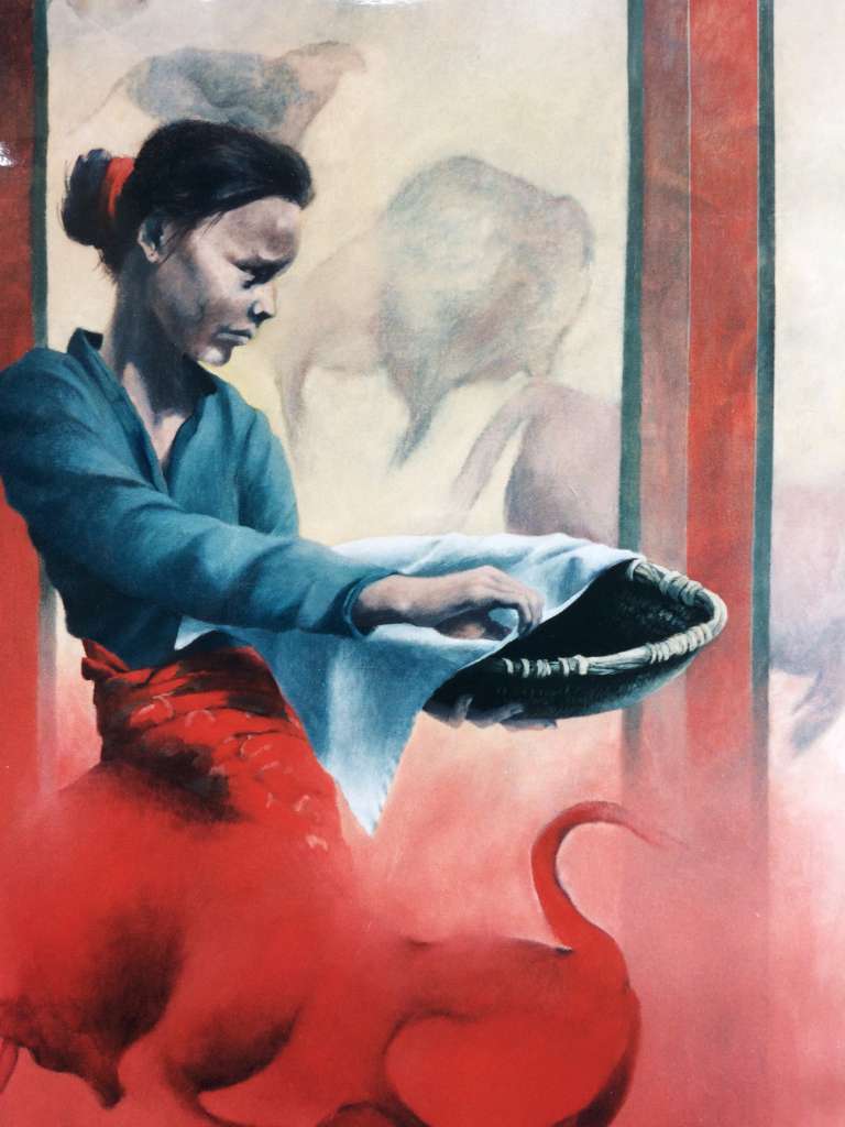 Schilderij van Jeroen Coenders van een Balinese vrouw in blauwe klederdracht die een mand vasthoudt tegen een achtergrond met rode accenten en schimmige dierfiguren.