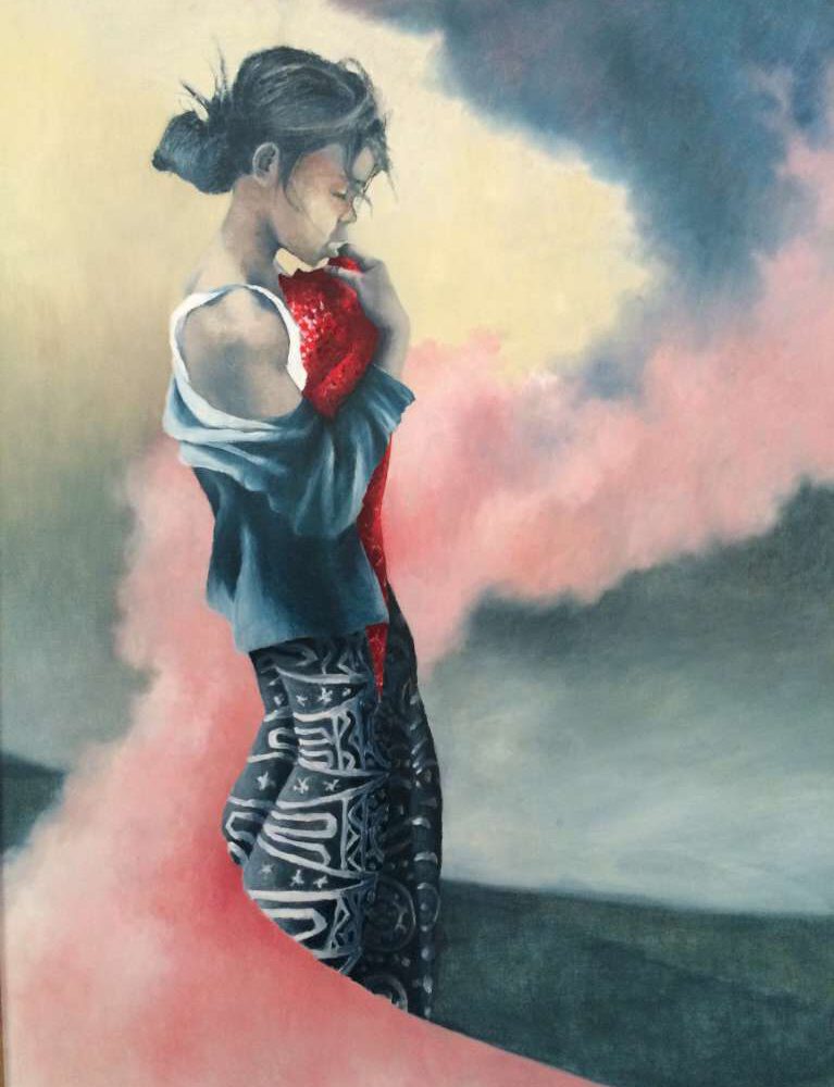 Schilderij van Jeroen Coenders van een peinzende Balinese vrouw met een rode doek, omringd door roze rookwolken tegen een dramatische lucht.