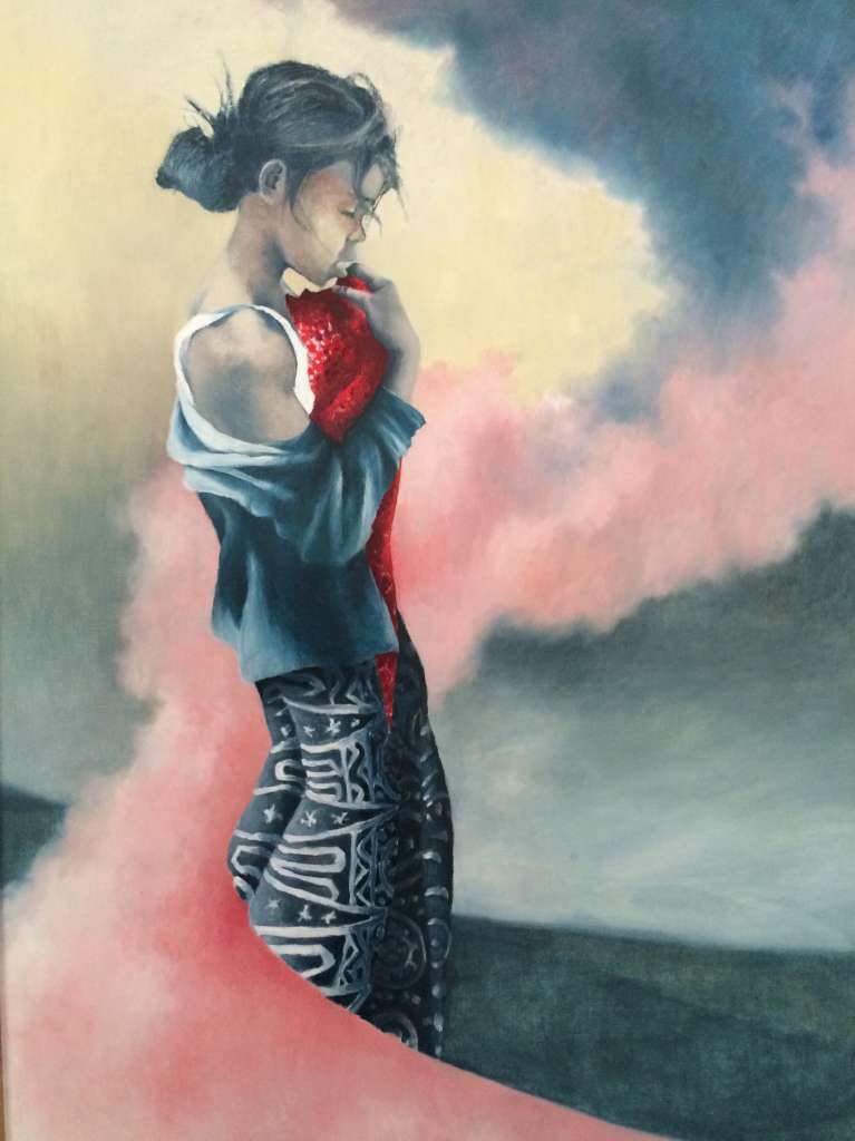 Schilderij van Jeroen Coenders van een peinzende Balinese vrouw met een rode doek, omringd door roze rookwolken tegen een dramatische lucht.