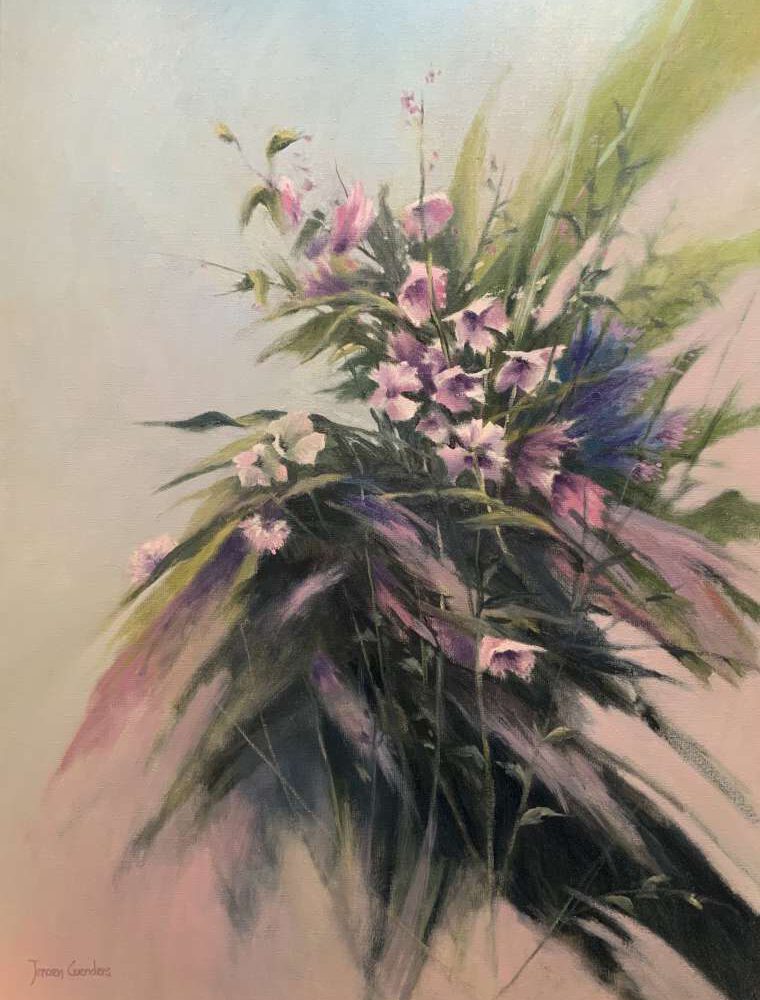 Impressionistisch olieverfschilderij van een boeket veldbloemen door Jeroen Coenders, met zachte paarse, roze en witte bloemen tegen een lichte, dromerige achtergrond met dynamische penseelstreken in groen en donkere accenten.