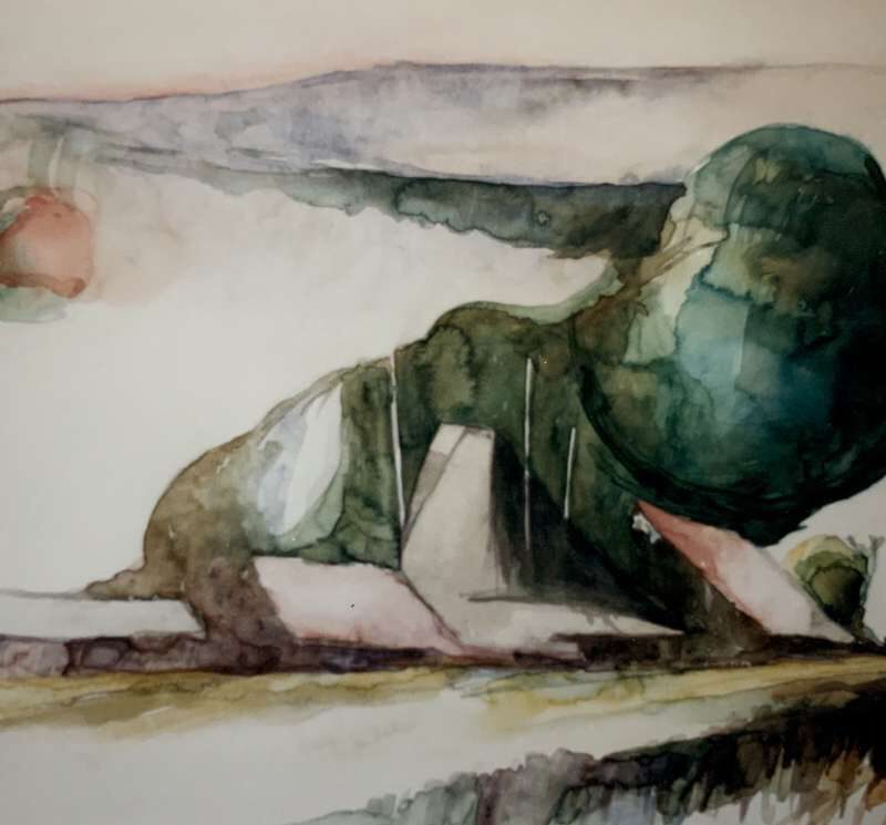 Abstracte aquarel van Jeroen Coenders met de contouren van een boerderij in een polderlandschap onder een lichte lucht met een kleurrijke zon.