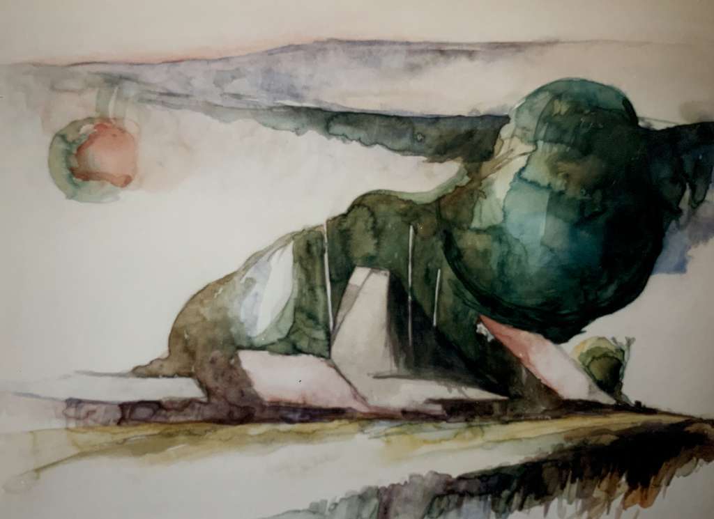 Abstracte aquarel van Jeroen Coenders met de contouren van een boerderij in een polderlandschap onder een lichte lucht met een kleurrijke zon.