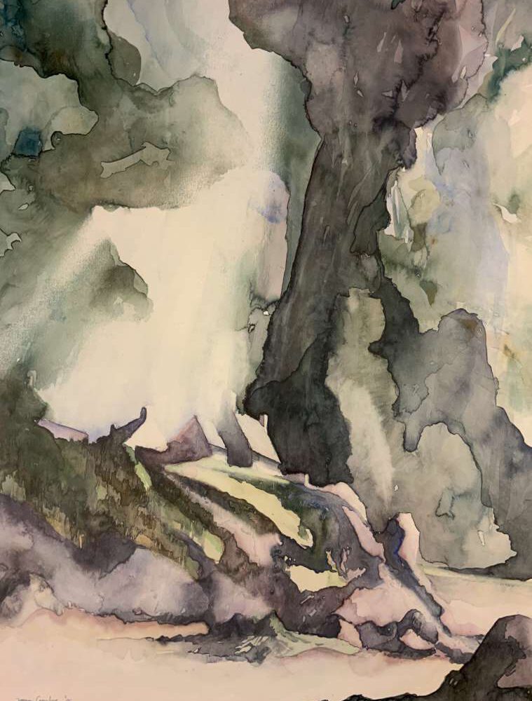 Abstracte aquarel van Jeroen Coenders van de Bretonse kust met grillige rotsformaties en zachte kleurvlakken onder een lichte lucht.