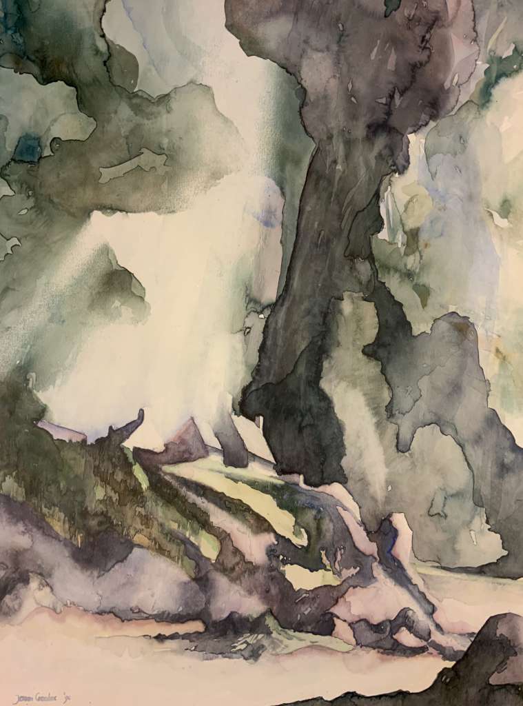 Abstracte aquarel van Jeroen Coenders van de Bretonse kust met grillige rotsformaties en zachte kleurvlakken onder een lichte lucht.