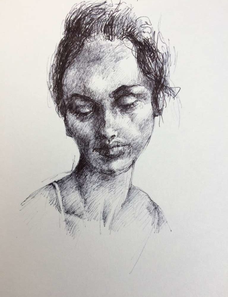 Gedetailleerde pentekening van Jeroen Coenders met een sereen portret van een vrouw genaamd Brigitte, met gesloten ogen en een subtiele lichtinval op haar gezicht.