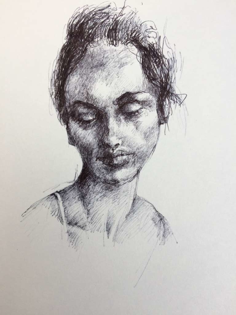 Gedetailleerde pentekening van Jeroen Coenders met een sereen portret van een vrouw genaamd Brigitte, met gesloten ogen en een subtiele lichtinval op haar gezicht.