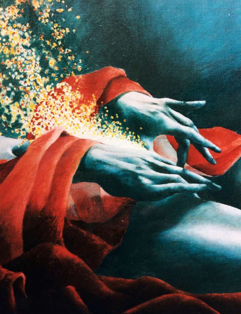 Olieverfschilderij 'Danaë' door Jeroen Coenders met een close-up van expressieve blauwe handen, dramatische rode draperie en gouden lichtaccenten.