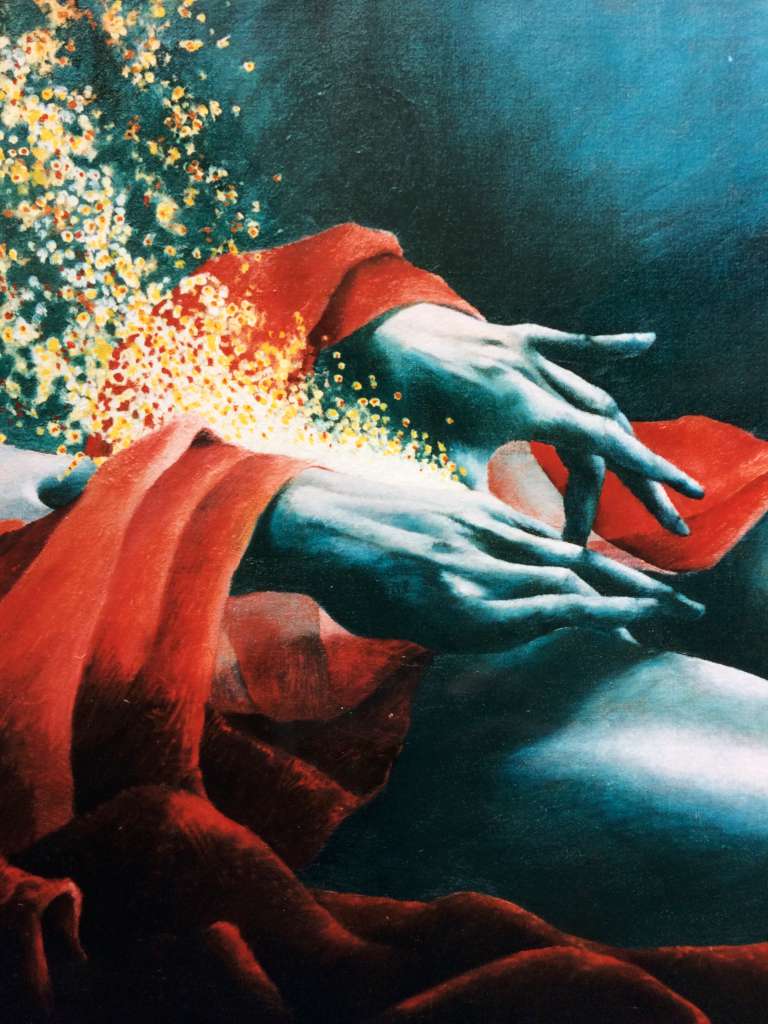 Olieverfschilderij 'Danaë' door Jeroen Coenders met een close-up van expressieve blauwe handen, dramatische rode draperie en gouden lichtaccenten.
