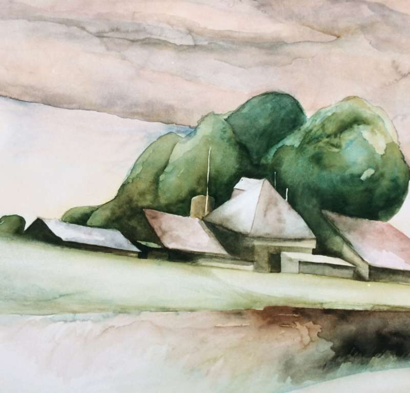 Aquarel van Jeroen Coenders van een boerderij aan de Eemdijk, omringd door groene bomen onder een zachte avondlucht met een subtiele maan.