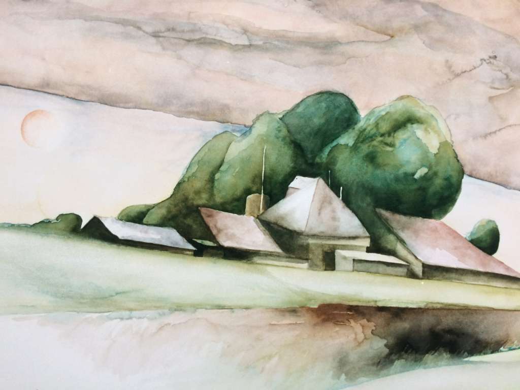Aquarel van Jeroen Coenders van een boerderij aan de Eemdijk, omringd door groene bomen onder een zachte avondlucht met een subtiele maan.