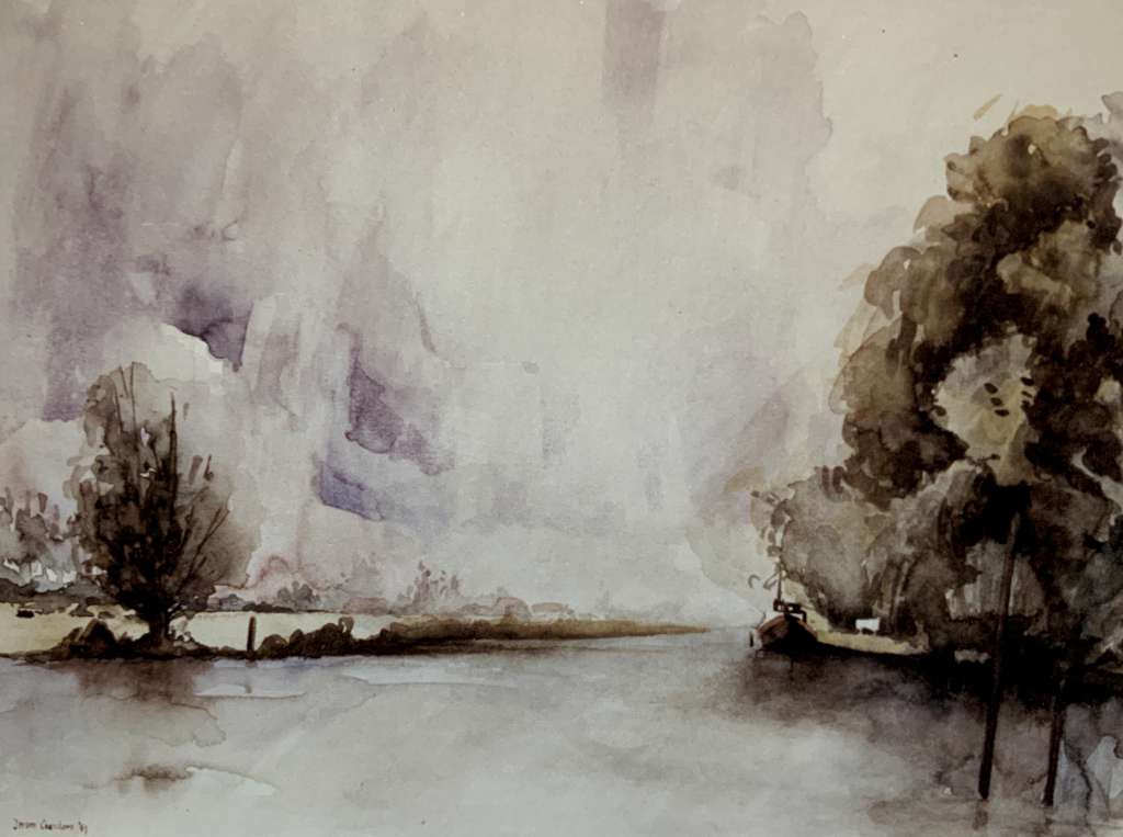 Schilderij van Jeroen Coenders van de Eemmond met bomen langs het water en een bootje onder een zachte, bewolkte lucht.