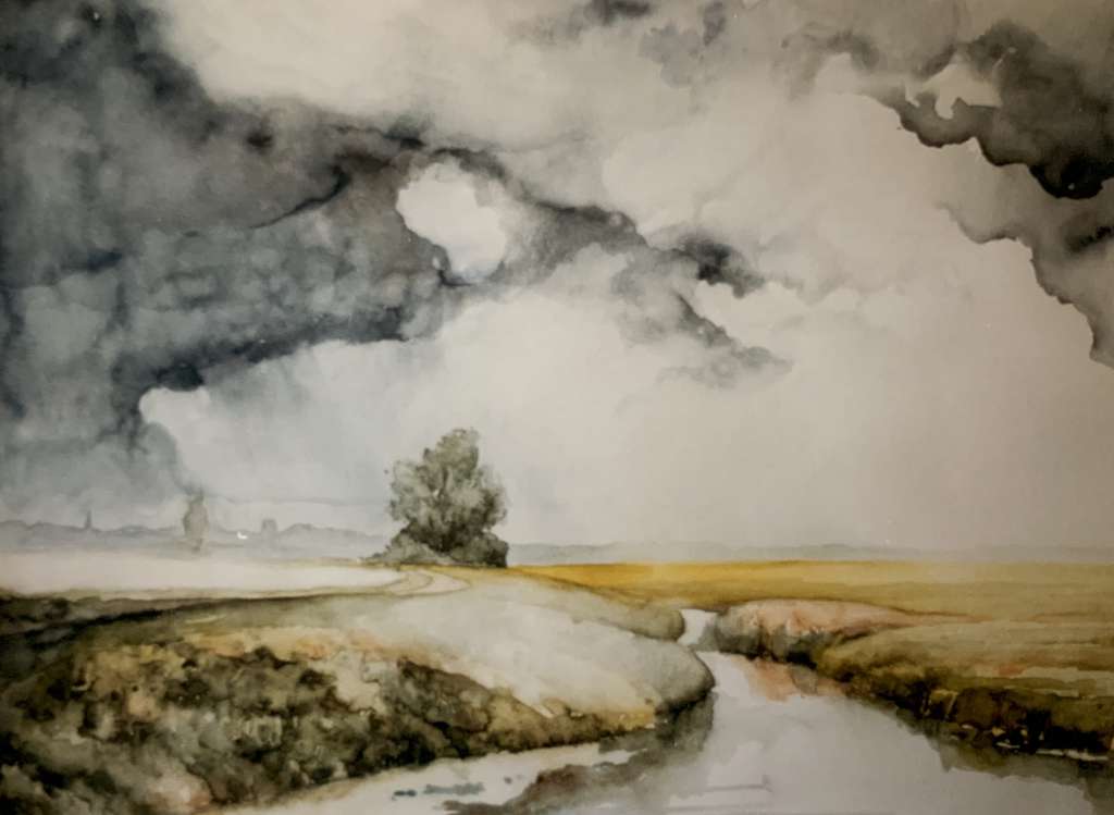Aquarel van Jeroen Coenders van de Eempolder met een solitaire boom en een kabbelende beek onder een dreigende wolkenlucht.