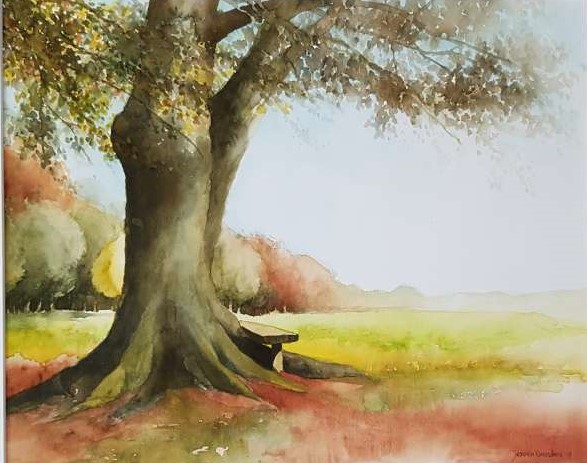 Gedetailleerde aquarel van Jeroen Coenders met een majestueuze eik en een houten bankje in een zonnig herfstlandschap.