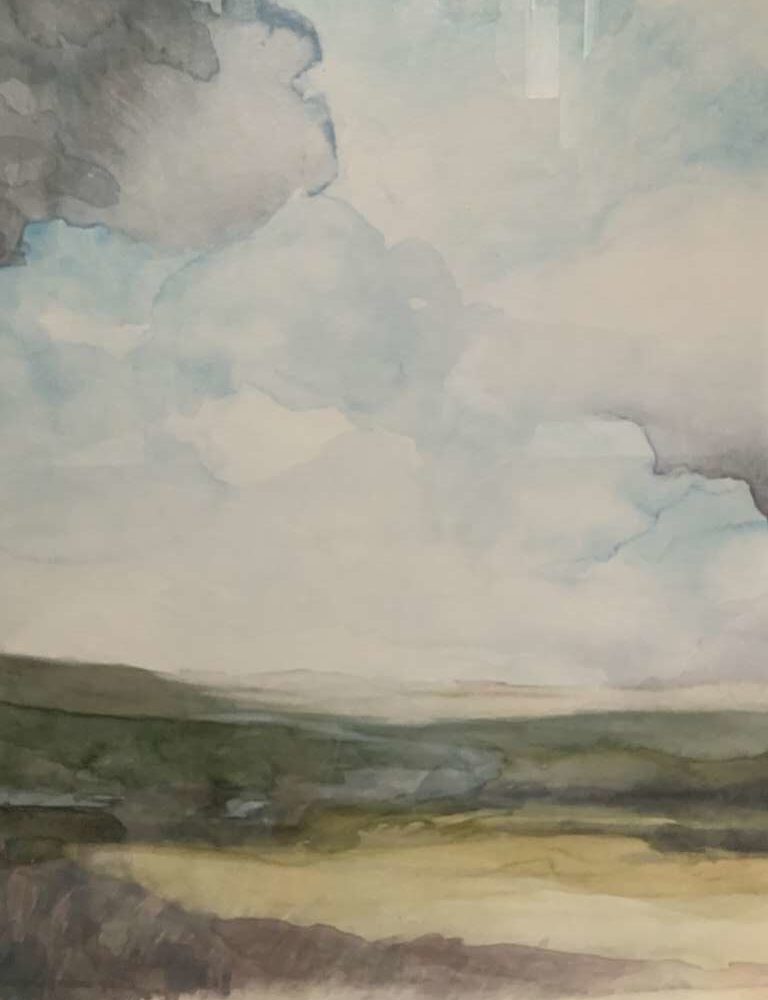 Aquarel van Jeroen Coenders van een weids eilandlandschap met groene velden onder een lichte, bewolkte lucht.