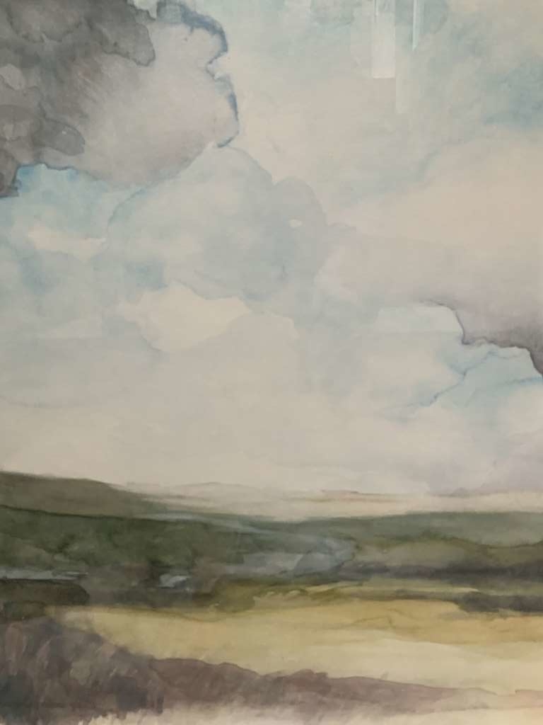 Aquarel van Jeroen Coenders van een weids eilandlandschap met groene velden onder een lichte, bewolkte lucht.