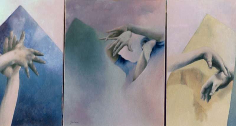 Modern drieluik schilderij 'Flamenco' door Jeroen Coenders met een abstracte weergave van sierlijke handbewegingen in zachte pastelkleuren en geometrische vlakken.