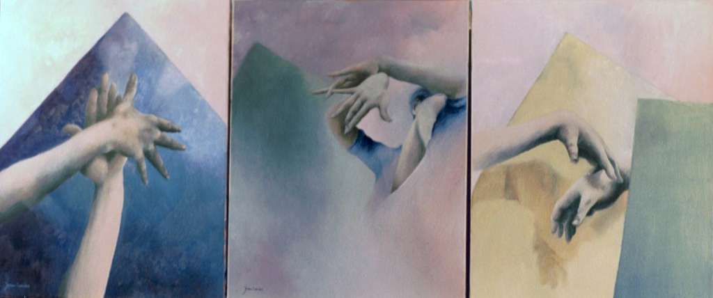 Modern drieluik schilderij 'Flamenco' door Jeroen Coenders met een abstracte weergave van sierlijke handbewegingen in zachte pastelkleuren en geometrische vlakken.