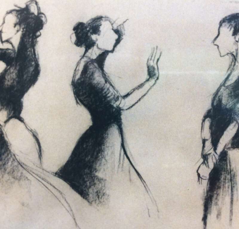 Artistieke houtskoolschets van Jeroen Coenders met drie verschillende profielen van een flamencodanseres in elegante en expressieve houdingen.