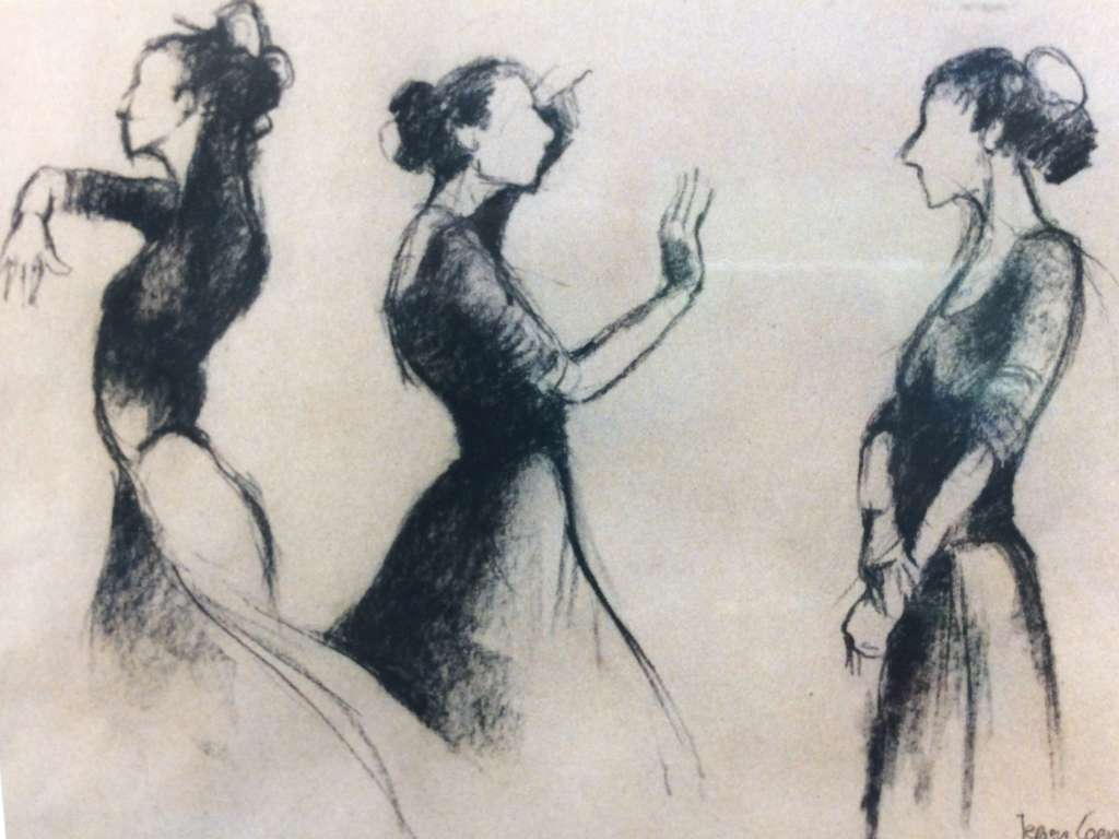 Artistieke houtskoolschets van Jeroen Coenders met drie verschillende profielen van een flamencodanseres in elegante en expressieve houdingen.