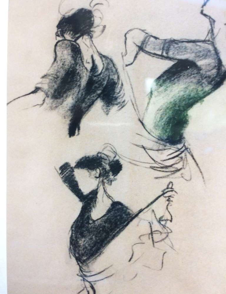 Expressieve houtskool- of krijtschets van Jeroen Coenders met verschillende dynamische houdingen van een flamencodanseres, vastgelegd in krachtige zwarte lijnen en schaduwen.