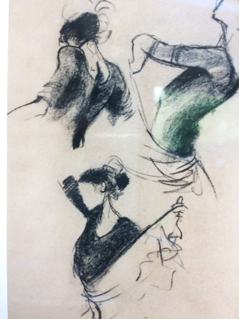 Expressieve houtskool- of krijtschets van Jeroen Coenders met verschillende dynamische houdingen van een flamencodanseres, vastgelegd in krachtige zwarte lijnen en schaduwen.