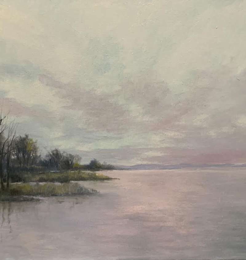 Schilderij van Jeroen Coenders van een weids waterlandschap met kale bomen aan de oever onder een verstilde, grijs-roze bewolkte lucht.