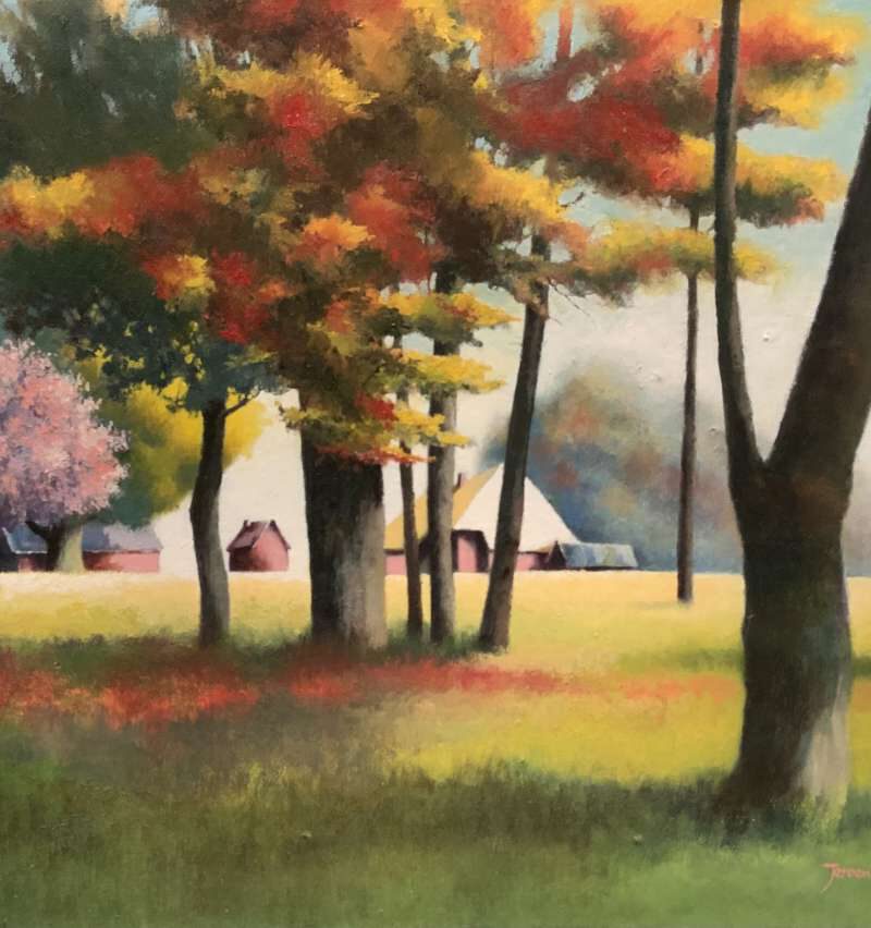 Schilderij van Jeroen Coenders getiteld Herfst Gaasterland, afgebeeld in een impressionistische stijl met kleurrijke herfstbomen in rood, geel en oranje, een roze bloesemboom en een boerderij op de achtergrond.