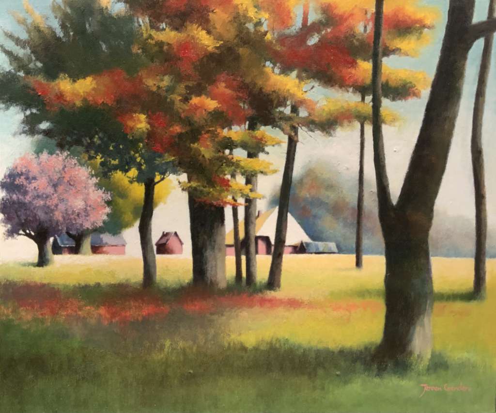 Schilderij van Jeroen Coenders getiteld Herfst Gaasterland, afgebeeld in een impressionistische stijl met kleurrijke herfstbomen in rood, geel en oranje, een roze bloesemboom en een boerderij op de achtergrond.
