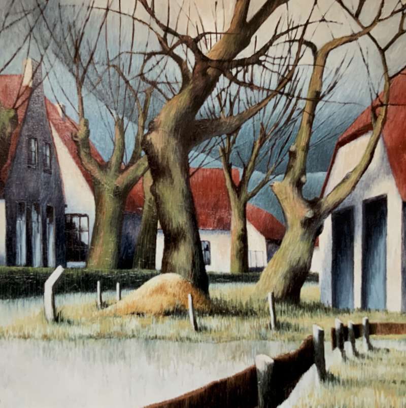 Schilderij van een landelijk dorpsgezicht met witgepleisterde huizen met rode daken, omringd door kale, grillige bomen in de winter, gemaakt door Jeroen Coenders.