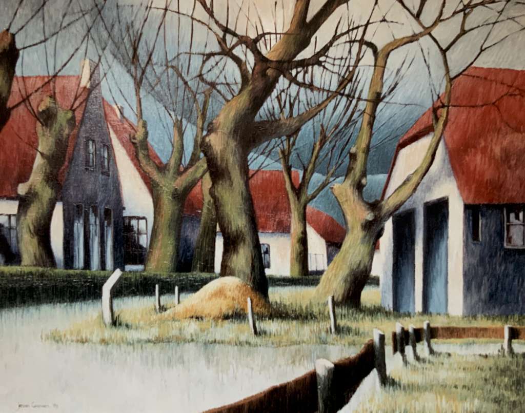 Schilderij van een landelijk dorpsgezicht met witgepleisterde huizen met rode daken, omringd door kale, grillige bomen in de winter, gemaakt door Jeroen Coenders.