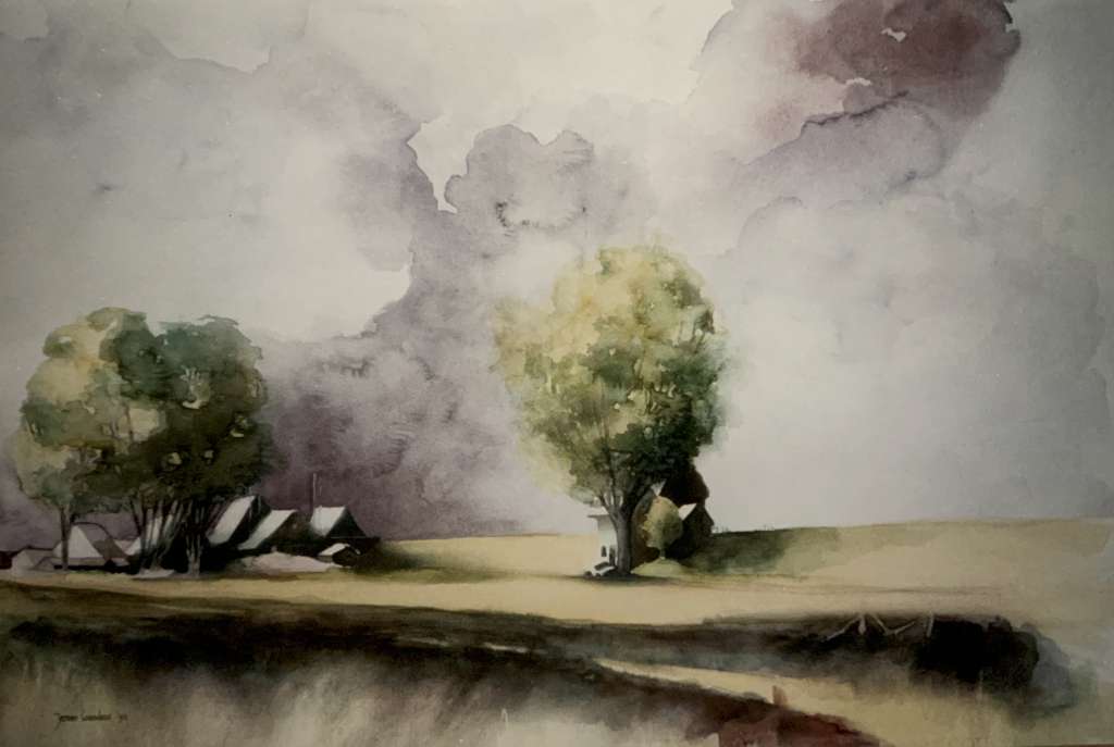 Aquarel van Jeroen Coenders met huizen achter de dijk en een markante boom onder een dramatische, bewolkte lucht.