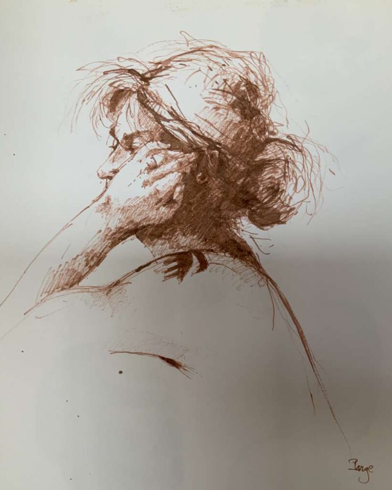 Sfeervolle portretschets van Jeroen Coenders in bruine inkt of krijt van een peinzende vrouw genaamd Inge, afgebeeld in profiel met haar hand bij haar gezicht.
