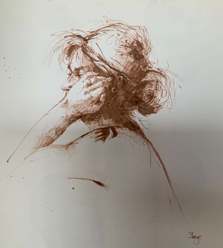 Sfeervolle portretschets van Jeroen Coenders in bruine inkt of krijt van een peinzende vrouw genaamd Inge, afgebeeld in profiel met haar hand bij haar gezicht.