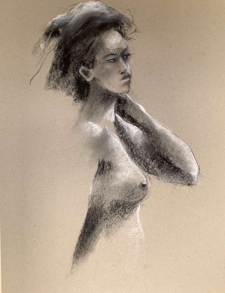 Artistieke houtskool- en krijtschets van Jeroen Coenders met een naaktportret van een vrouw genaamd Jeane, afgebeeld met een sterke licht-donker contrast en een peinzende blik.