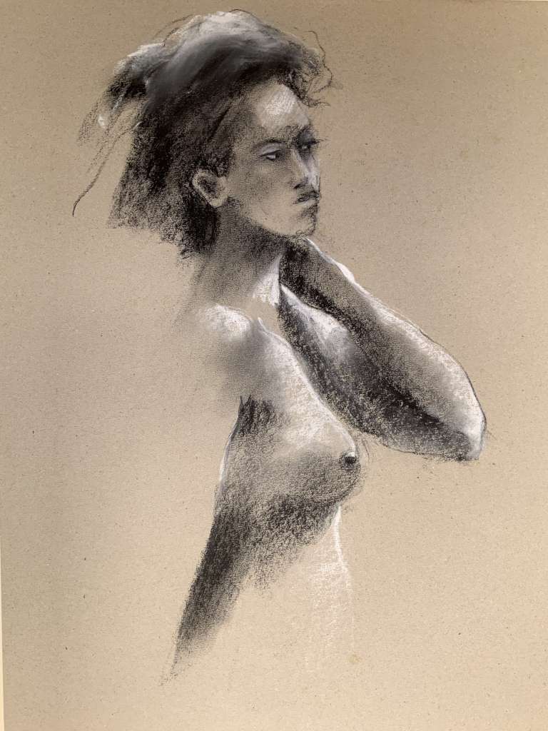 Artistieke houtskool- en krijtschets van Jeroen Coenders met een naaktportret van een vrouw genaamd Jeane, afgebeeld met een sterke licht-donker contrast en een peinzende blik.