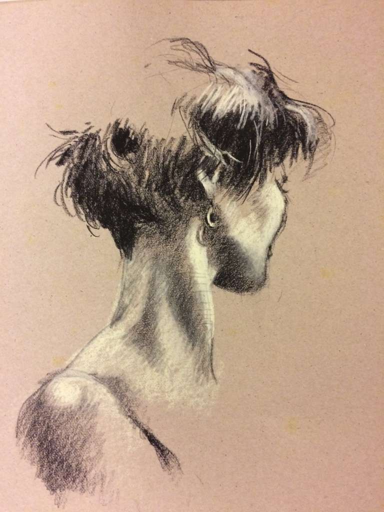 Expressieve houtskool- en krijtschets van Jeroen Coenders met een portret van een vrouw genaamd Jeanette, van achteren en opzij gezien met een focus op haar korte kapsel en halslijn.