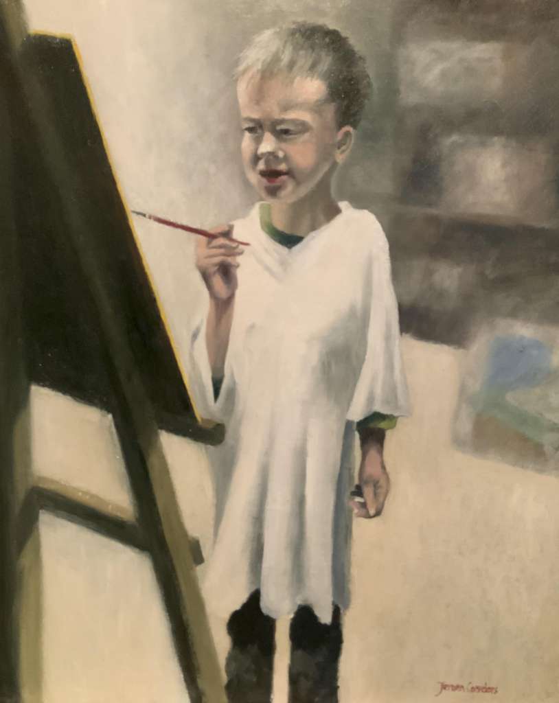 Portretschilderij 'Jens' door Jeroen Coenders van een jonge jongen met een schilderspenseel voor een ezel, uitgevoerd in een realistische stijl met zachte lichtval.