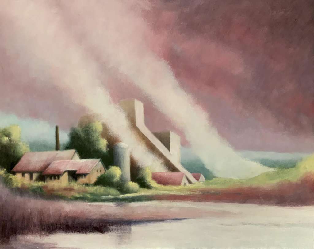 Schilderij van Jeroen Coenders van een industrieel complex of boerderij met silo's aan het water, beschenen door dramatische lichtstralen die door een donkere, paarsachtige bewolking breken.