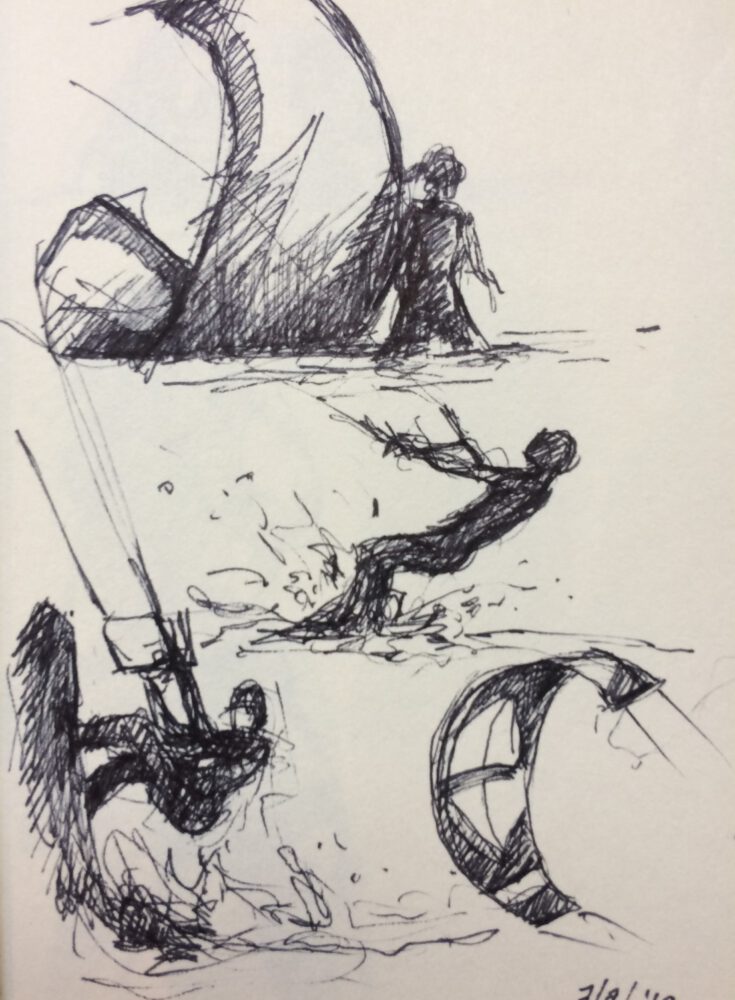 Dynamische pentekening van Jeroen Coenders met verschillende schetsen van kitesurfers in actie op het water, getekend met snelle en krachtige lijnen.