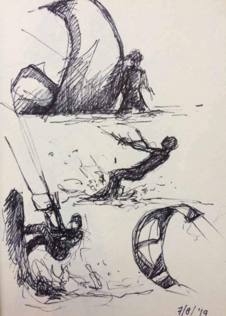 Dynamische pentekening van Jeroen Coenders met verschillende schetsen van kitesurfers in actie op het water, getekend met snelle en krachtige lijnen.