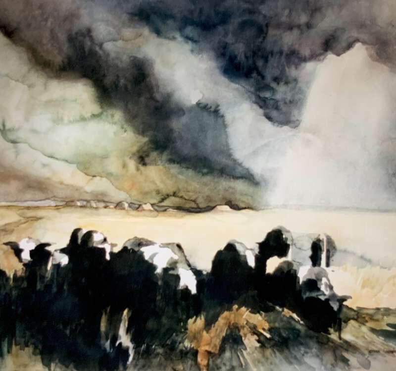 Expressieve aquarel van Jeroen Coenders met een kudde koeien in een weids landschap onder een zware, contrastrijke wolkenlucht.