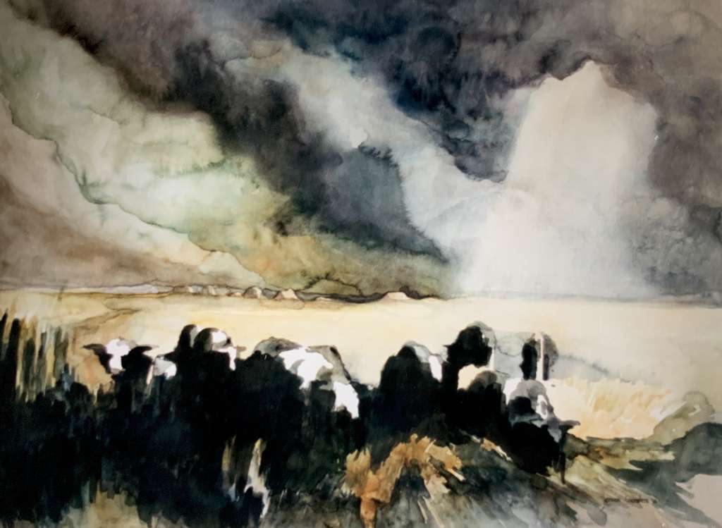 Expressieve aquarel van Jeroen Coenders met een kudde koeien in een weids landschap onder een zware, contrastrijke wolkenlucht.