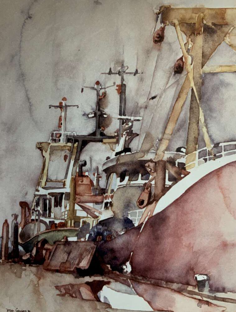 Gedetailleerde aquarel van Jeroen Coenders van visserskotters in de haven van Urk met een focus op de masten en roestbruine rompen.