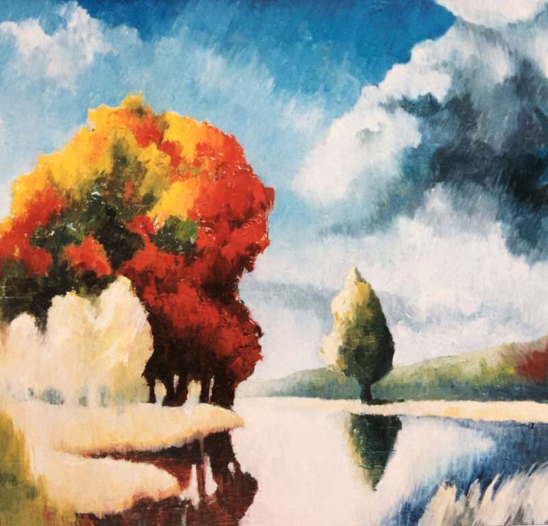 Schilderij van een herfstlandschap met kleurrijke rode en gele bomen die reflecteren in een kalm wateroppervlak onder een dynamische wolkenlucht, gemaakt door Jeroen Coenders.