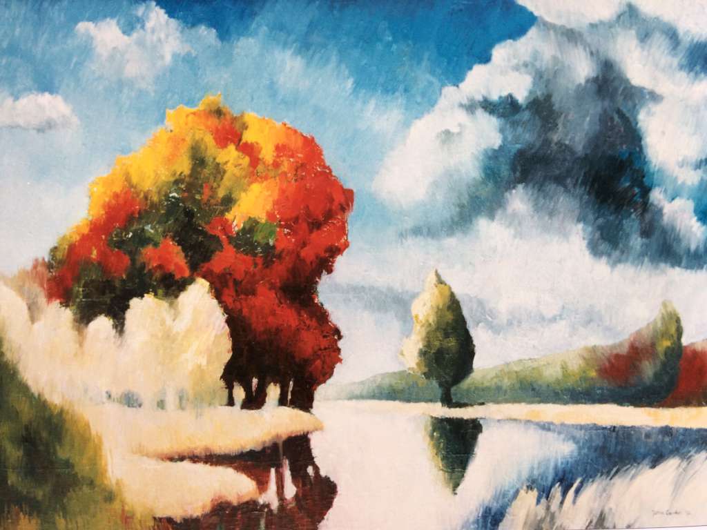 Schilderij van een herfstlandschap met kleurrijke rode en gele bomen die reflecteren in een kalm wateroppervlak onder een dynamische wolkenlucht, gemaakt door Jeroen Coenders.