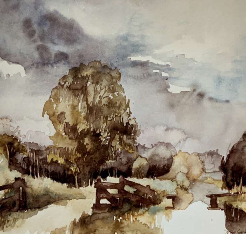 Schilderij van Jeroen Coenders van de Kromme Rade met een houten hekwerk en bomen langs een pad onder een bewolkte hemel.