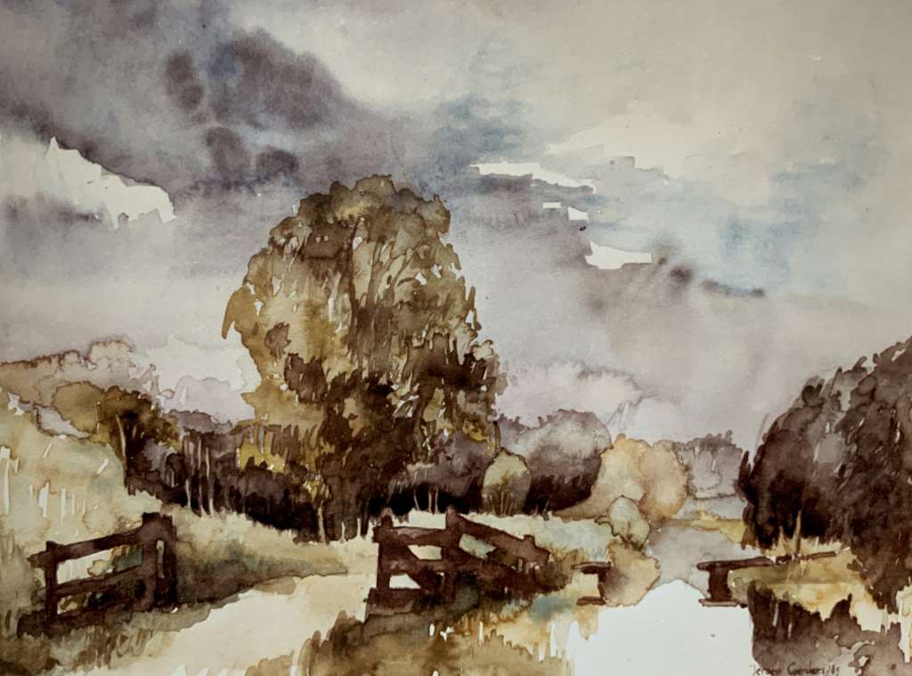 Schilderij van Jeroen Coenders van de Kromme Rade met een houten hekwerk en bomen langs een pad onder een bewolkte hemel.